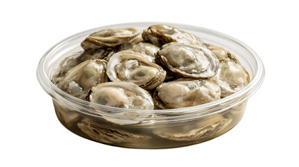 Fresh raw shucked oysters in a clear plastic container © Freja