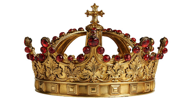 Ornate golden royal crown with intricate floral carvings and red gemstone accents