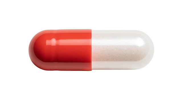 Red and white pharmaceutical capsule pill with granular powder filling