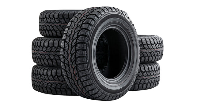 Stack of four black rubber winter car tires with deep tread patterns