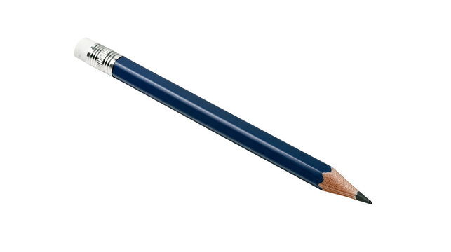 Dark blue wooden pencil with a pink eraser and a sharpened graphite tip