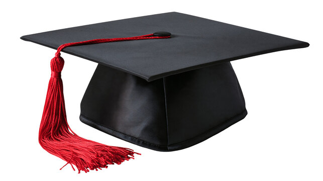 Black graduation cap with a vibrant red tassel for academic ceremony
