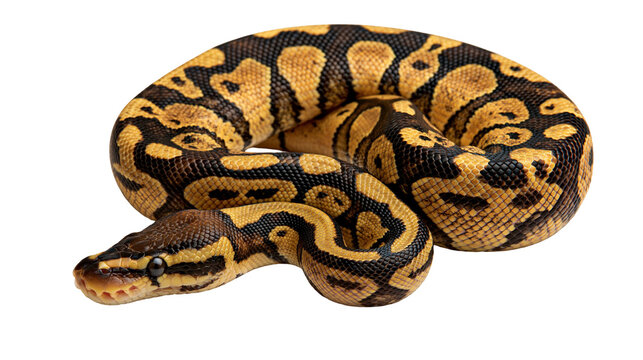 Coiled ball python with brown and yellow patterned scales