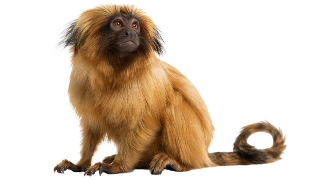 Golden lion tamarin monkey with long orange fur and dark face sitting