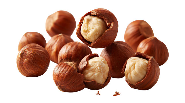 Group of whole and cracked brown hazelnuts with visible creamy kernels