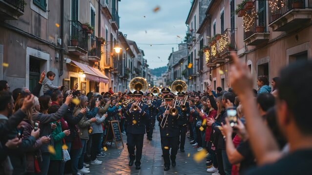 Festive street parade with marching band and crowds celebrating in city