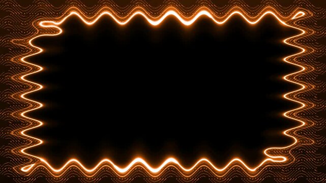 Rectangular closed wavy colorful neon glowing orange square horizontal frame on black background. Blinking lines with dots. Blank space for your own content in the middle.