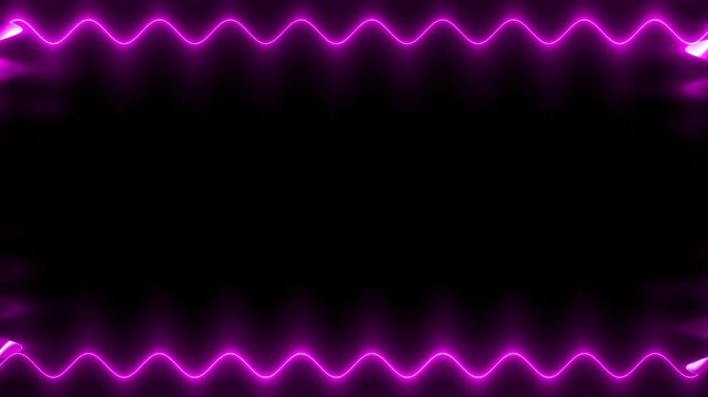 Neon appearing and disappearing glowing wavy purple perpendicular horizontal long lines frame on black background. Space for your own content.