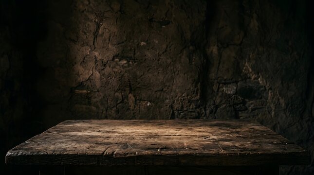 Empty Rustic Wooden Table in a Dark Stone Cellar with Cinematic Lighting for Product Display