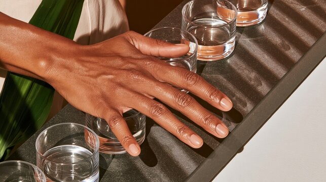 Close up of dark skinned hand resting on clear glass of water on dark stone surface with green leaf and soft shadows