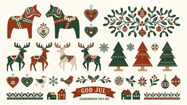 Scandinavian Christmas folk art elements vector set with God Jul banner Dala horse reindeer pine trees and floral garland