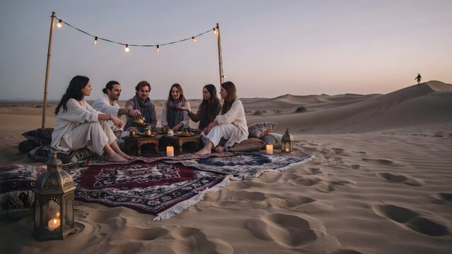 Friends Enjoying Outdoor Sunset Picnic in Desert with String Lights and Decor