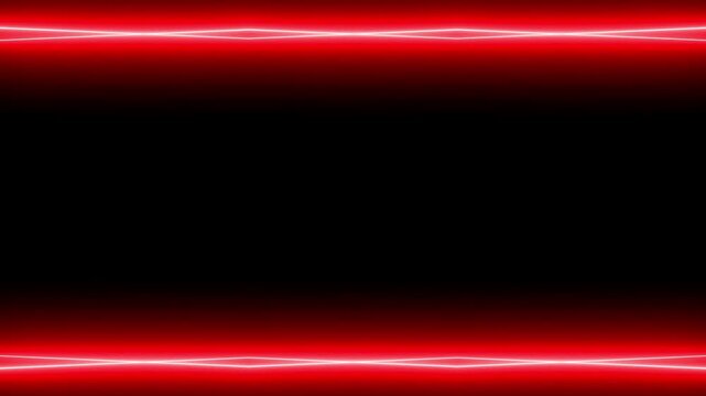 Neon appearing and disappearing glowing laser red perpendicular horizontal long lines frame on black background. Space for your own content.