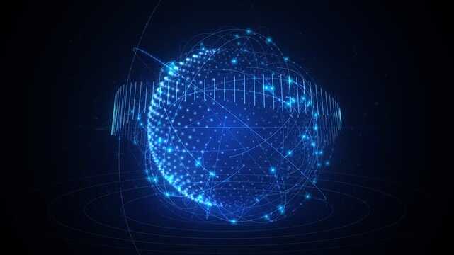 futuristic data globe rotating with glowing network connections and digital grid interface