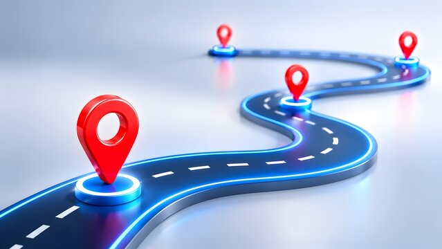 Winding 3d road with blue neon edges and red location pins. Concept of corporate roadmap strategy and project milestone navigation.