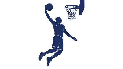 Basketball player silhouette performing a powerful slam dunk, navy blue athletic vector illustration. Professional basketball athlete jumping to score at the hoop © IconHeaven