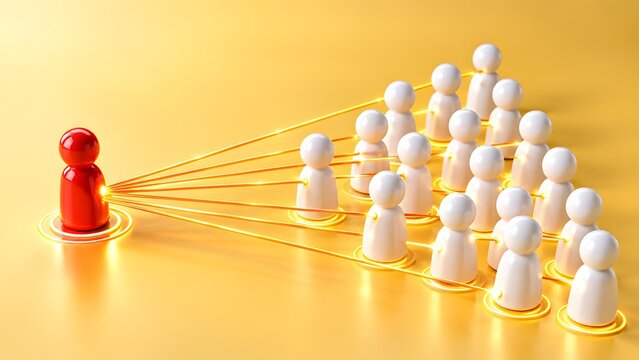 Red 3d figure connected to a group of white figures with glowing lines. Concept of corporate leadership and centralized team management.