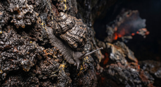 Macro view of a resilient extremophile gastropod with a heavily armored shell navigating jagged volcanic rock near glowing magma