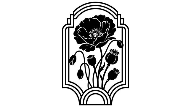 Art deco poppy flower botanical illustration with ornate frame