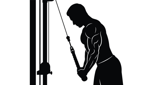 Muscular bodybuilder silhouette performing triceps cable pushdown exercise, male athlete training on gym machine vector, fitness workout illustration for bodybuilding and weightlifting outline