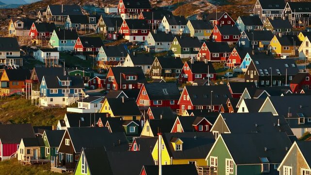 Cinematic drone footage of Nuuk, Greenland, captured during sunset, revealing colorful houses stretching along the Arctic coastline. Warm evening light reflects across the sea. 