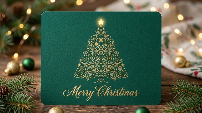 Christmas greeting card with a gold embossed stylized tree ornament on a dark green textured paper background, with pine branches, and fairy lights