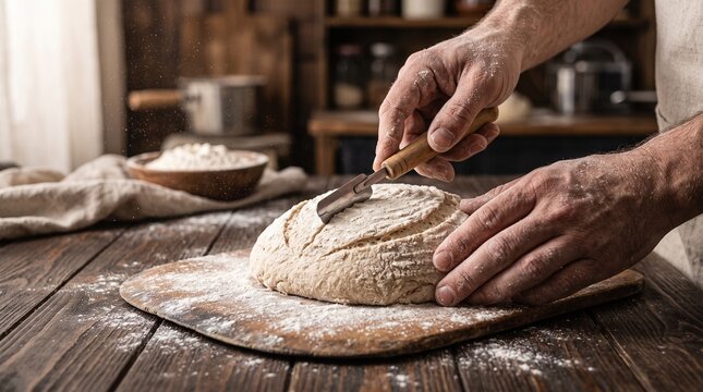 Close-up of artisan baker hands scoring sourdough bread dough with a lame blade in rustic bakery.