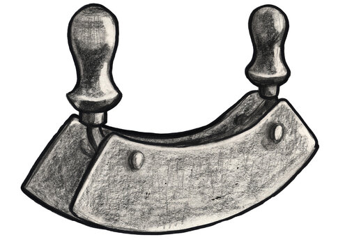 Handgezeichnetes Wiegemesser mit gebogener Klinge und zwei Holzgriffen, Bleistiftzeichnung mit sichtbarer Schraffur, freigestellt auf transparentem Hintergrund.