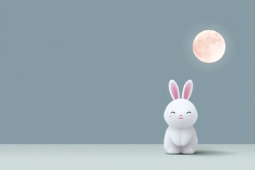 Obraz premium a cute white rabbit smiling under the moon, pastel color background