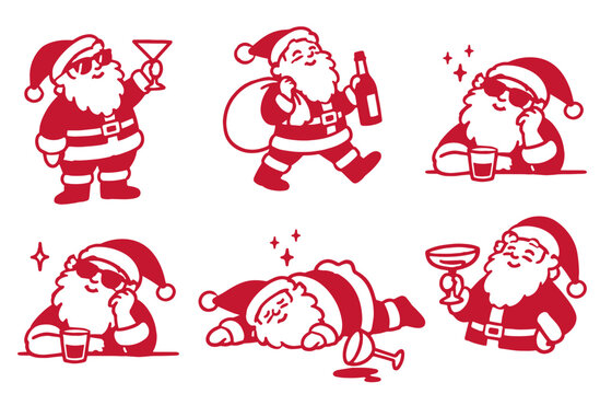 Funny drunk Santa Claus doodle set with cocktails and Christmas party poses