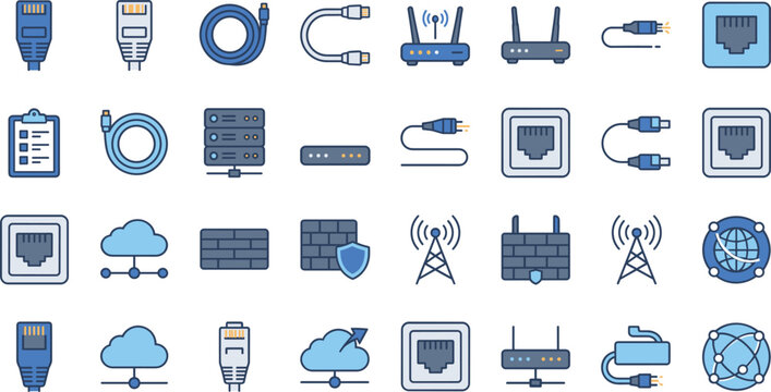 Computer Network and Telecommunication Equipment Vector Line Icon Set Featuring Ethernet Cables Routers Servers Cloud Computing Wall Ports and Cybersecurity Protection Elements