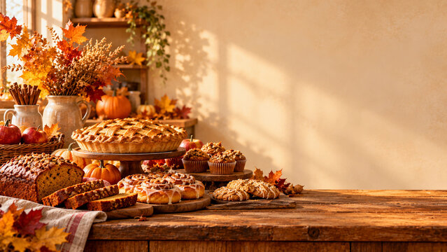 Warm autumn bakery scene featuring freshly baked pie, pumpkin bread, muffins, cinnamon rolls and cookies surrounded by seasonal foliage, with clean negative space for food advertising