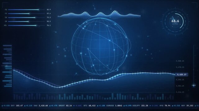 Global financial market data stock exchange hud loop with rotating globe and charts