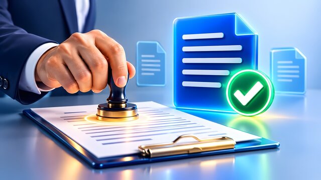 Executive pressing stamp on document with glowing checkmark and digital file icons. Concept of electronic verification and corporate compliance.