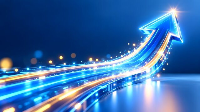 Glowing blue and orange upward arrow made of light trails on dark background. Concept of digital transformation and accelerated business growth.