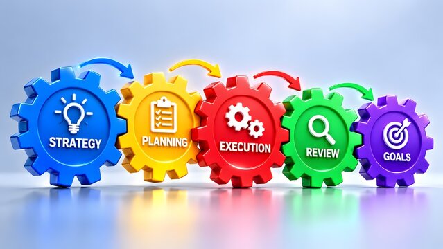 Colorful connected gears displaying strategy planning execution review and goals. Concept of business process management and corporate workflow.