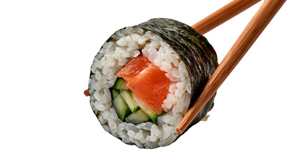 Fresh salmon and cucumber sushi roll held by wooden chopsticks © Elodie