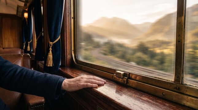 Close-up of a passenger hand resting on a wooden window sill inside a luxury vintage train carriage, looking out at a scenic mountain landscape during golden hour.