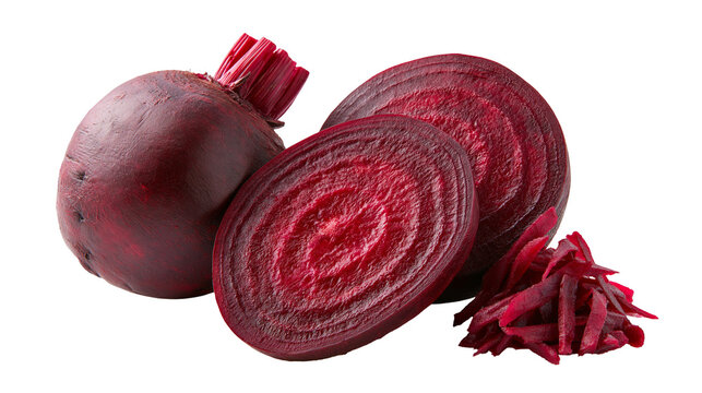 Whole beetroot with sliced rounds and shredded pieces of fresh red beet vegetable