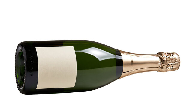 Dark green glass champagne bottle with gold foil neck and blank rectangular label
