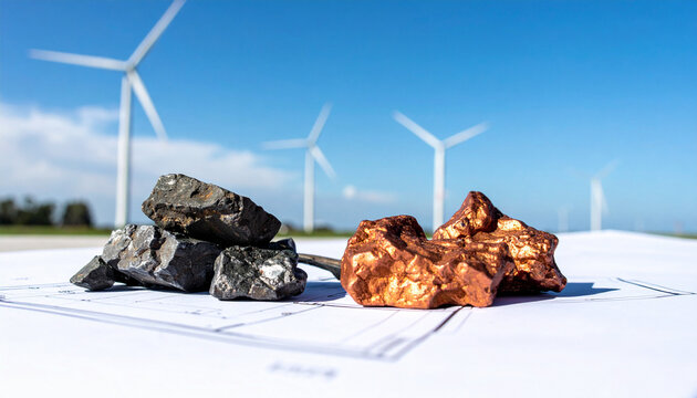 A contrast between raw coal and copper ore on blueprints against wind turbines. This conceptual image, with no people, evokes the energy transition from fossil fuels to sustainable clean electricity.