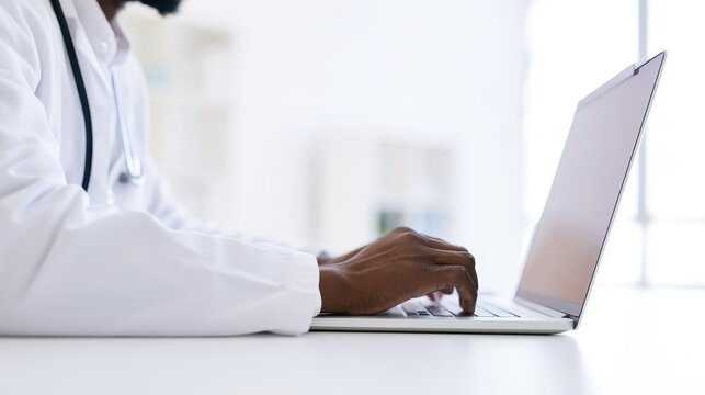 Doctor in white coat working on laptop in professional office setting
