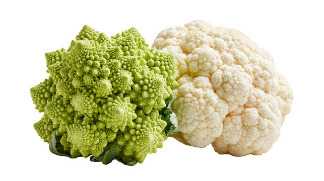 Fresh green Romanesco broccoli and white cauliflower heads side by side