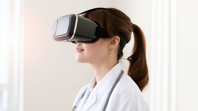 East Asian female doctor using virtual reality headset in