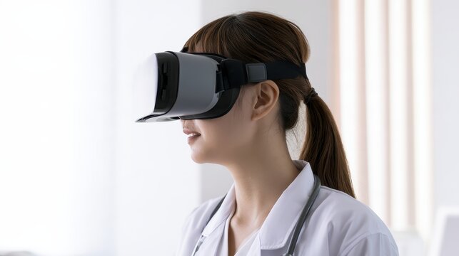 East Asian woman using virtual reality headset in professional office