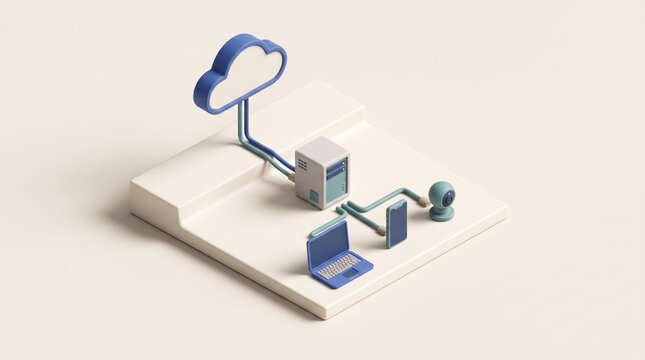 Cloud Computing Network: An isometric illustration showcasing a cloud computing network with a server, laptop, security camera, and smartphone connected to a cloud symbol.
