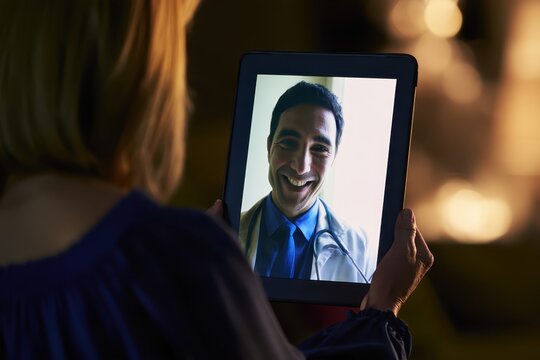 Professional holding tablet showing smiling colleague during video