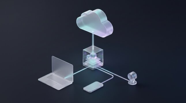 Cloud Computing Network Diagram: An abstract representation of a cloud computing system showing interconnected devices like a laptop, smartphone, and server, all linked to a central cloud.