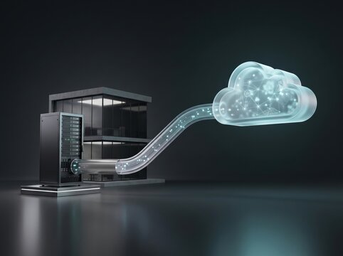 Cloud Data Center Connection: A modern data center building with a server rack seamlessly connects to a glowing cloud icon, symbolizing cloud computing and data storage.