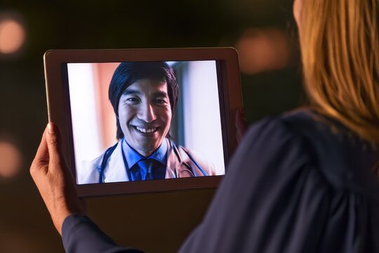 Professional video call with smiling doctor on tablet during